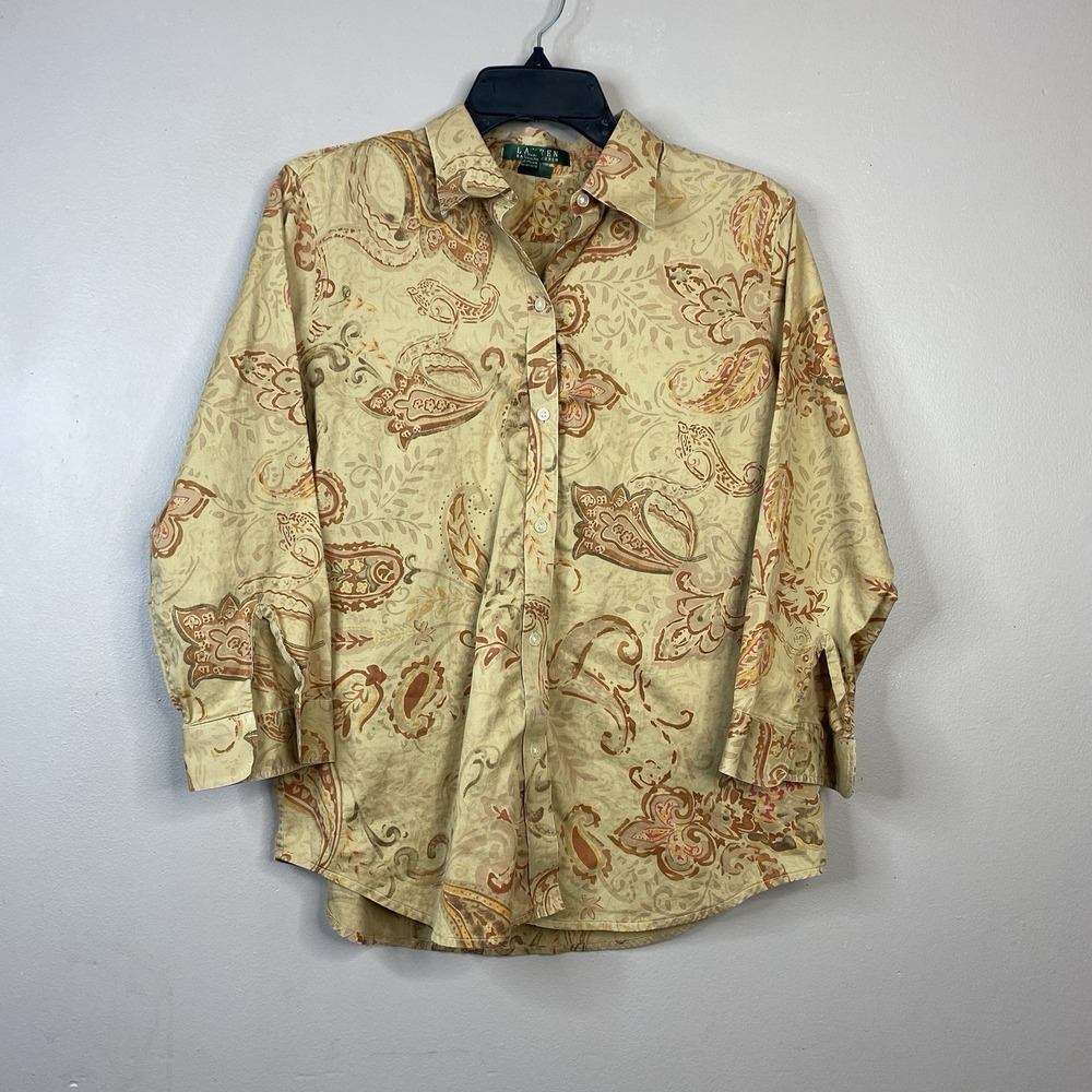 Lauren Ralph Lauren‎ Brown Paisley safari Button Up 3/4 Sleeve Women's Size L